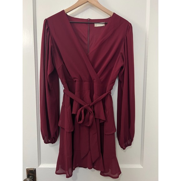 Altar'd State Dresses & Skirts - Altar'd State Burgundy Dress Long Sleeve Tie Waist Faux Wrap - Women's L